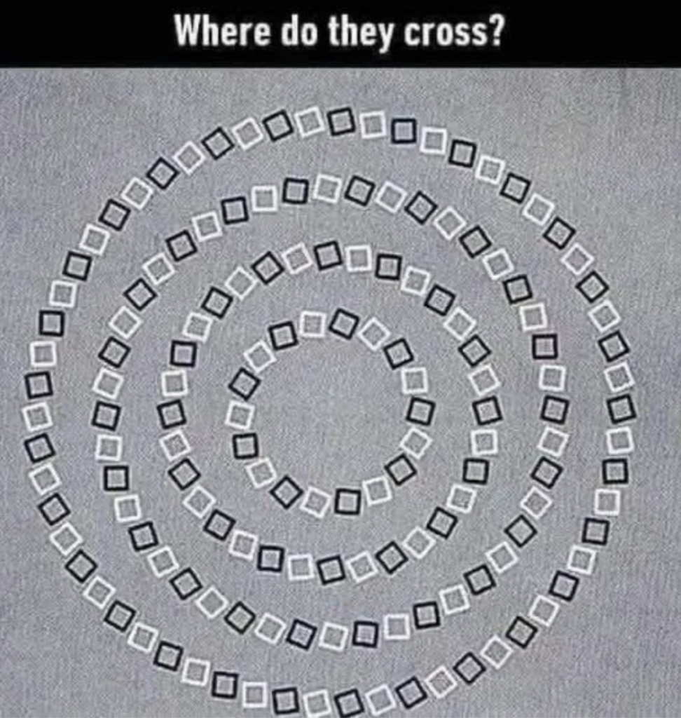 Optical illusion image with three spirals made of small square tiles. The caption reads "Where do they cross?" The spirals interleave but don't actually intersect, creating a visual trick.