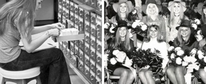 Left image: A woman seated on a stool, looking through a library card catalog. Right image: A black-and-white photo of eight smiling women, some holding pom-poms, dressed in 1970s-era clothing and hats, with a banner overhead.