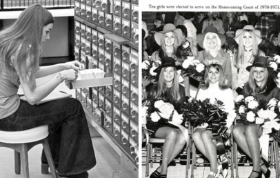 Left image: A woman seated on a stool, looking through a library card catalog. Right image: A black-and-white photo of eight smiling women, some holding pom-poms, dressed in 1970s-era clothing and hats, with a banner overhead.