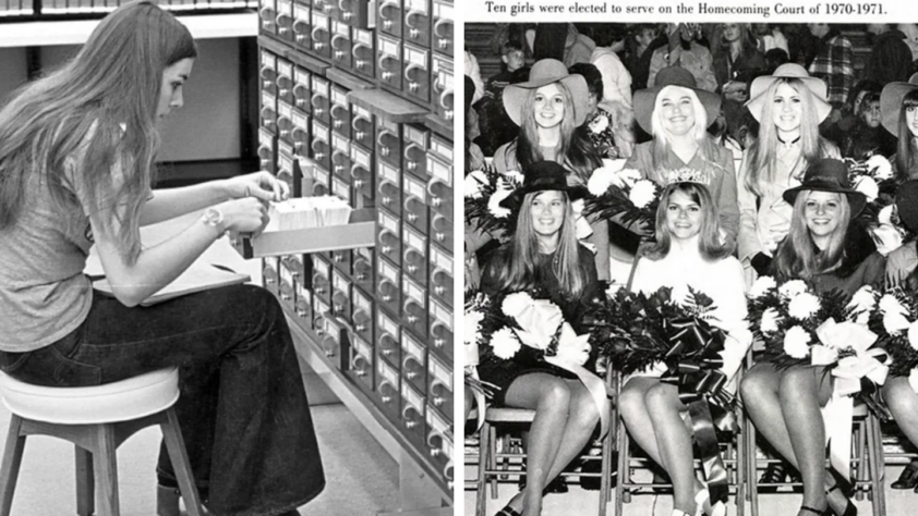 Left image: A woman seated on a stool, looking through a library card catalog. Right image: A black-and-white photo of eight smiling women, some holding pom-poms, dressed in 1970s-era clothing and hats, with a banner overhead.