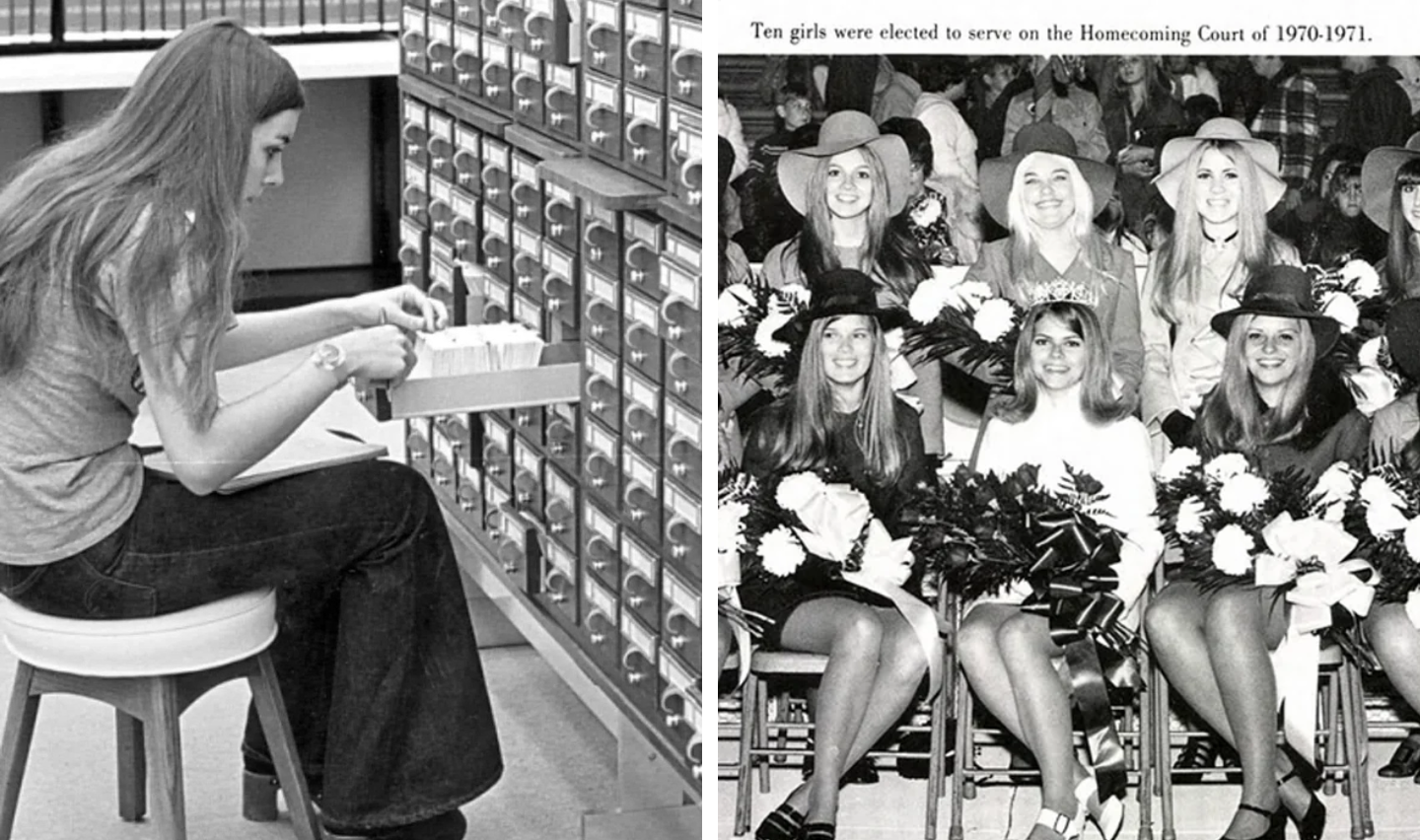 Left image: A woman seated on a stool, looking through a library card catalog. Right image: A black-and-white photo of eight smiling women, some holding pom-poms, dressed in 1970s-era clothing and hats, with a banner overhead.