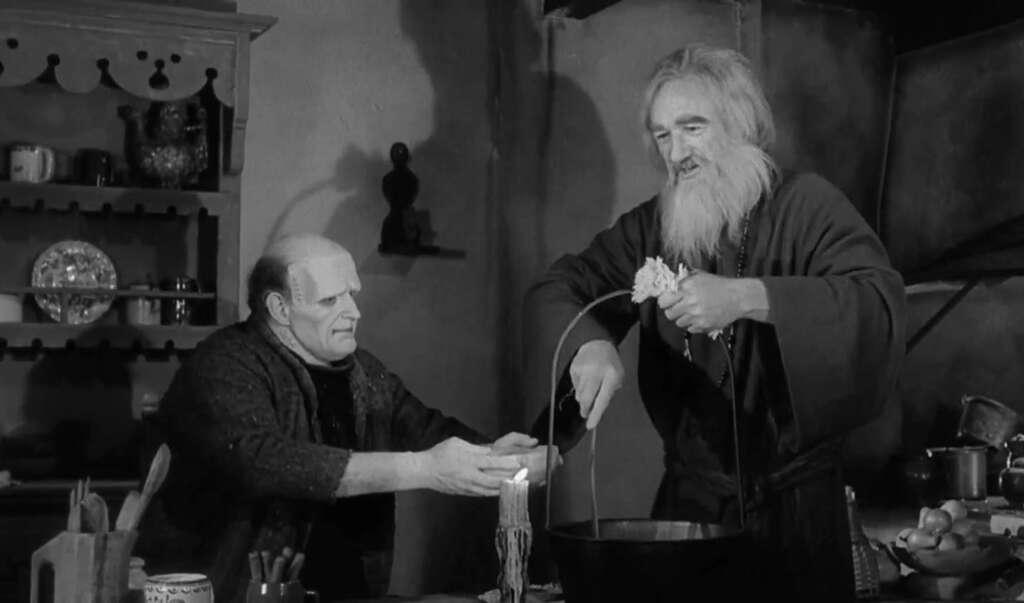 Two elderly men are in a dimly lit kitchen, engaged in cooking or potion-making. One holds a beaker over a candle while the other, with a long beard, smiles and squeezes an ingredient into a cauldron. Shelves with jars and utensils are in the background.