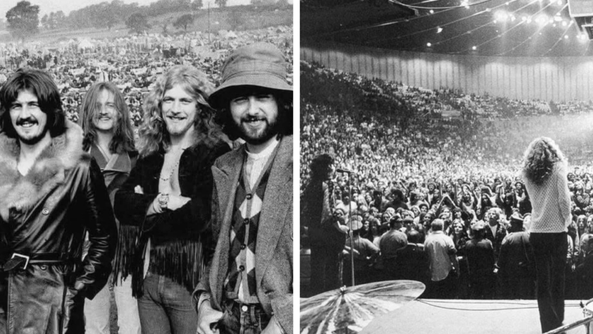 Left: A group of four people stand smiling outdoors with a crowd in the background. Right: A person on stage faces a cheering audience in a large indoor venue, with drums visible in the foreground. Both images are in black and white.