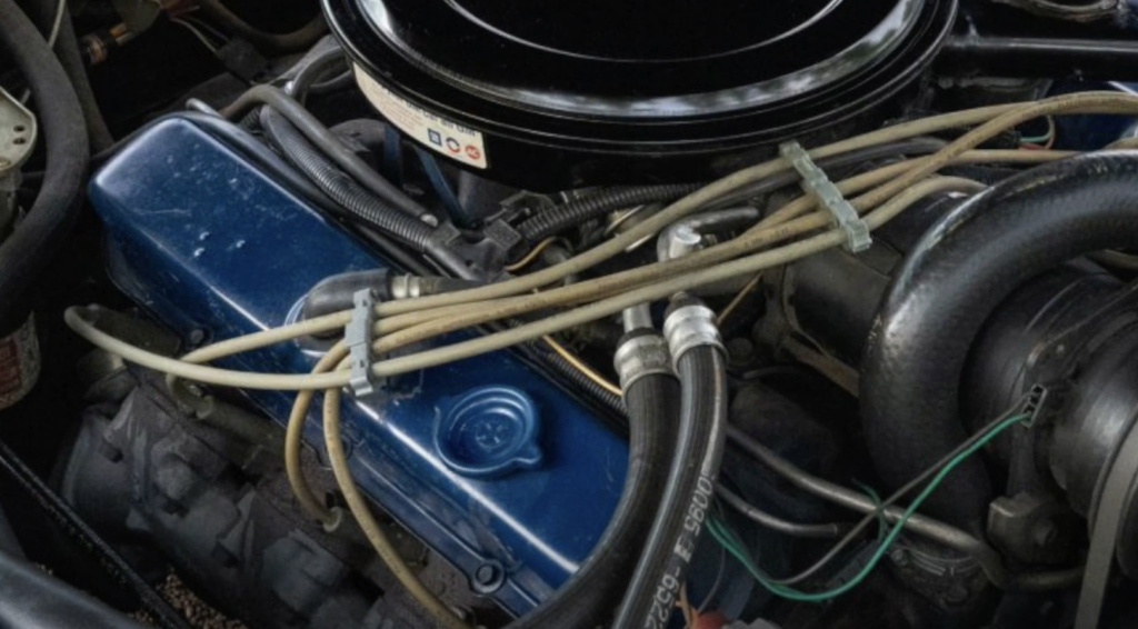 A close-up of a car engine with a blue valve cover. Several hoses and wires are connected, and a black circular air filter housing is partially visible. Various metal and rubber components are arranged around the engine block.