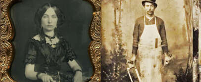 A sepia-toned collage of a woman and a man. The woman, dressed in 19th-century attire, sits in an ornate frame. The man stands, wearing a top hat and apron, holding a saw and cleaver, against a rustic backdrop.