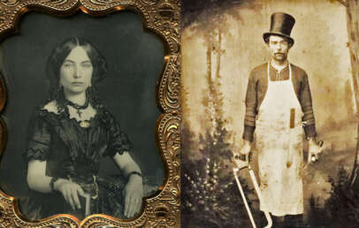 A sepia-toned collage of a woman and a man. The woman, dressed in 19th-century attire, sits in an ornate frame. The man stands, wearing a top hat and apron, holding a saw and cleaver, against a rustic backdrop.