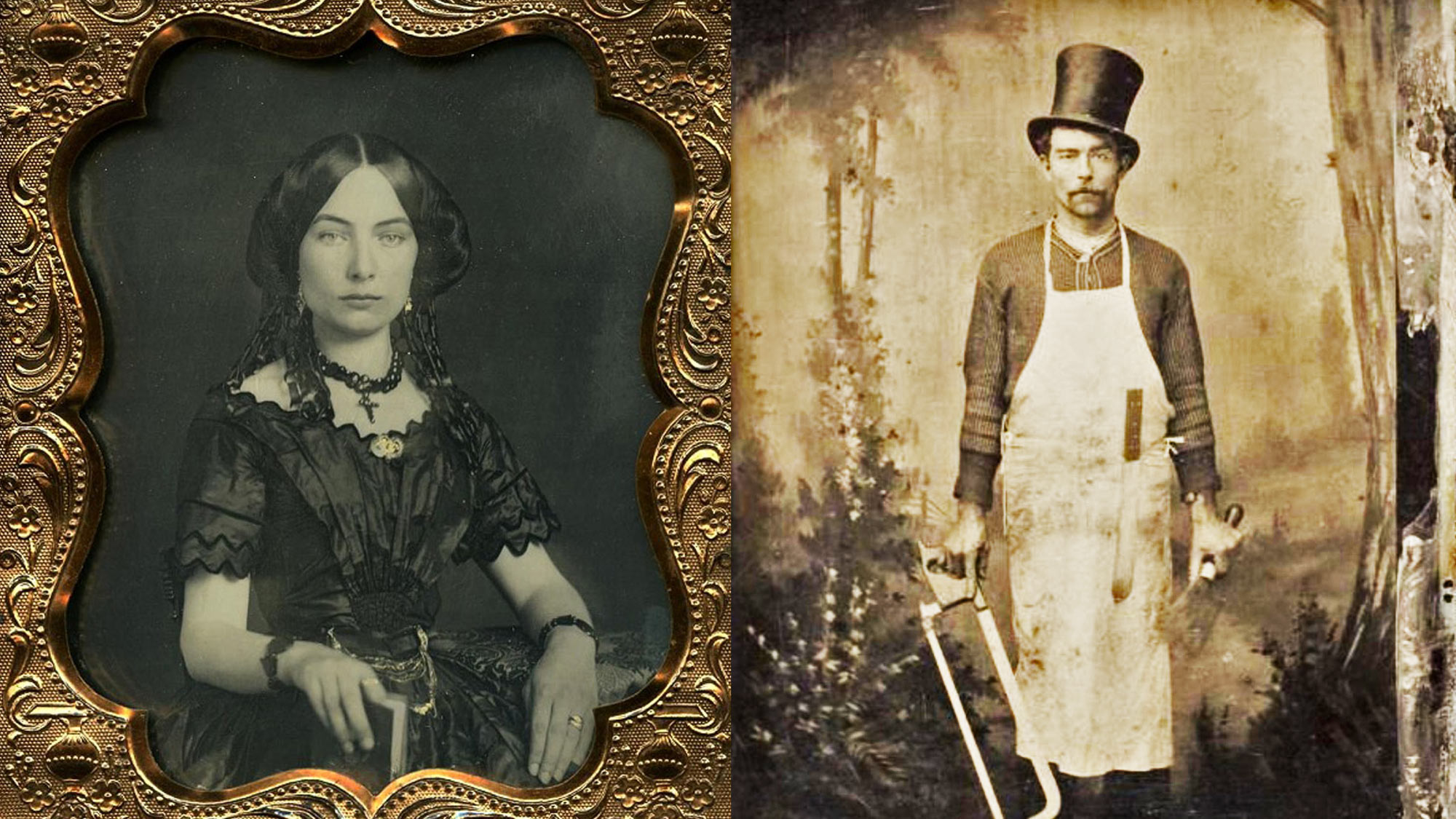 A sepia-toned collage of a woman and a man. The woman, dressed in 19th-century attire, sits in an ornate frame. The man stands, wearing a top hat and apron, holding a saw and cleaver, against a rustic backdrop.