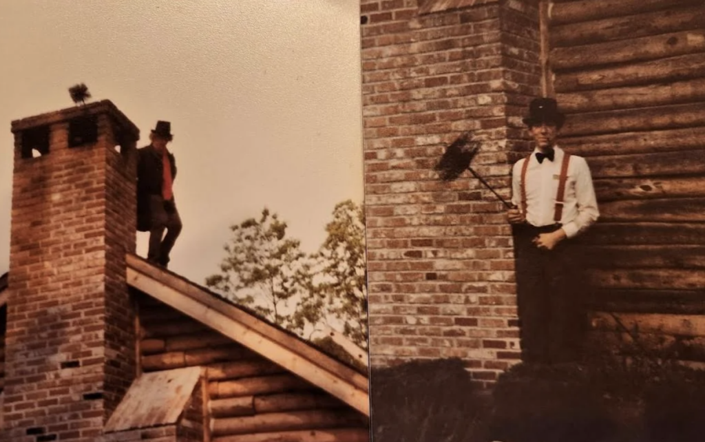 Two vintage-style photos: Left shows a person on a sloped roof beside a chimney, wearing a hat. Right shows a person in a hat, bowtie, and suspenders holding a chimney brush, standing by a log cabin.