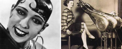 Left side of the image: A woman with hoop earrings and a beaded necklace smiles, showcasing a 1920s hairstyle. Right side: A woman sits with her feet in footrests attached to a vintage exercise device with belts strapped around her legs.