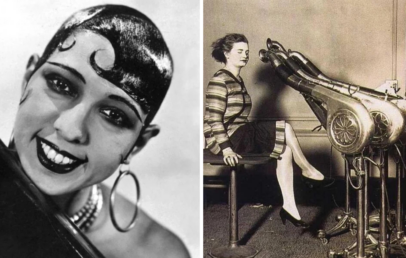 Left side of the image: A woman with hoop earrings and a beaded necklace smiles, showcasing a 1920s hairstyle. Right side: A woman sits with her feet in footrests attached to a vintage exercise device with belts strapped around her legs.