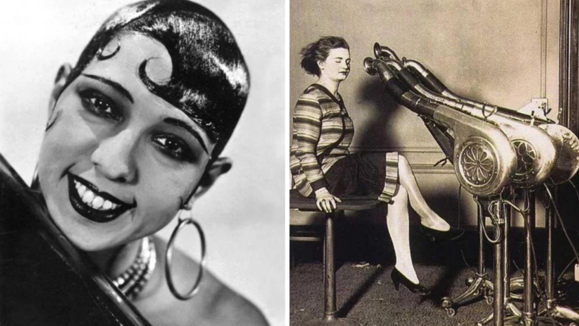 Left side of the image: A woman with hoop earrings and a beaded necklace smiles, showcasing a 1920s hairstyle. Right side: A woman sits with her feet in footrests attached to a vintage exercise device with belts strapped around her legs.