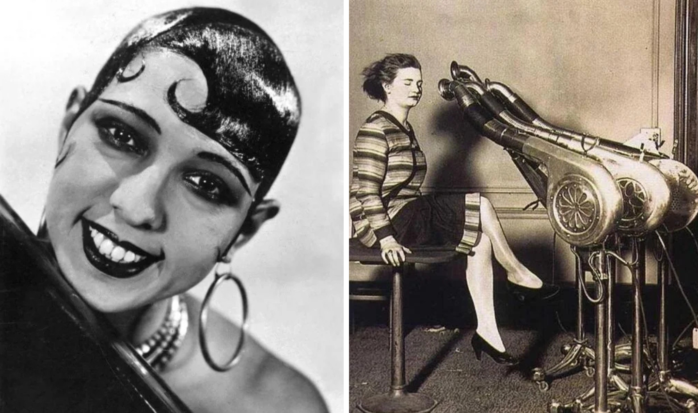 Left side of the image: A woman with hoop earrings and a beaded necklace smiles, showcasing a 1920s hairstyle. Right side: A woman sits with her feet in footrests attached to a vintage exercise device with belts strapped around her legs.