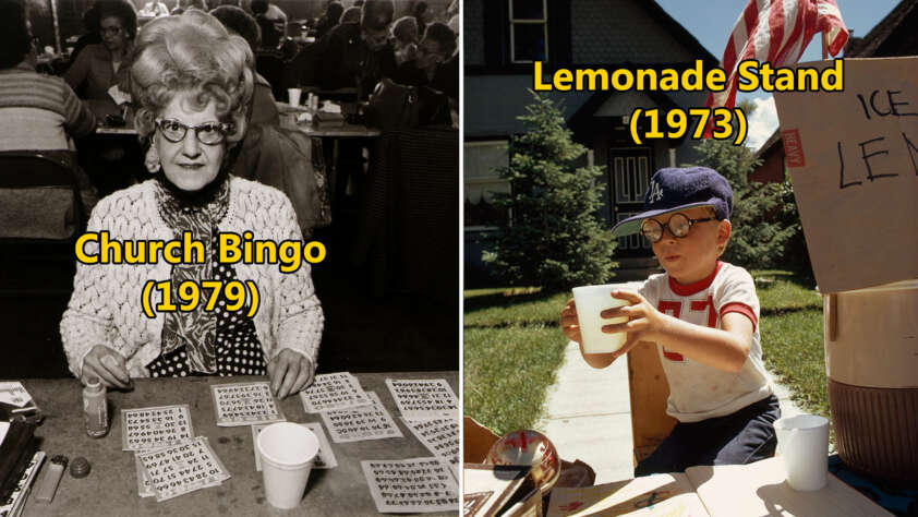 Left side: A woman with glasses playing bingo at a church event in 1979. Right side: A child wearing glasses and a cap selling lemonade at a stand in 1973. Both images have descriptive yellow text indicating the activities and years.