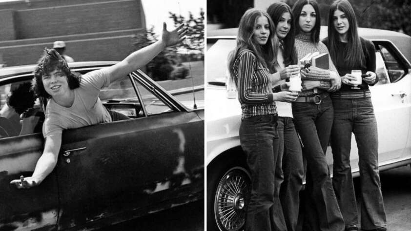 Left: A person leans out of a car window, smiling with arms open. Right: Four people stand in front of a car holding drinks, dressed in 1970s fashion. Both images are black and white, with an outdoor setting.