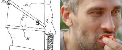 A split image shows a vintage sketch of a muzzle-like device on the left and a man with gray hair eating a tomato on the right. The sketch includes labels for different parts of the device.