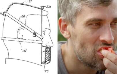 A split image shows a vintage sketch of a muzzle-like device on the left and a man with gray hair eating a tomato on the right. The sketch includes labels for different parts of the device.