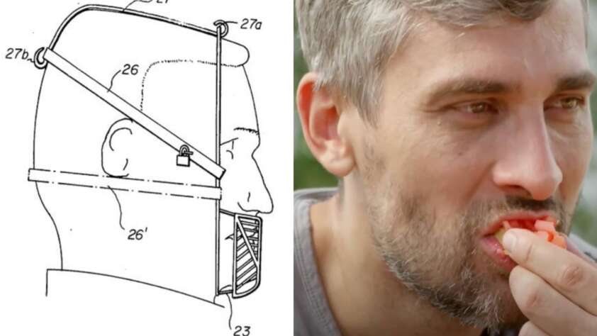 A split image shows a vintage sketch of a muzzle-like device on the left and a man with gray hair eating a tomato on the right. The sketch includes labels for different parts of the device.