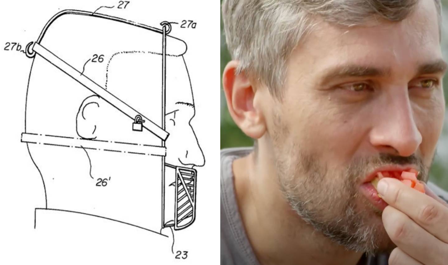 A split image shows a vintage sketch of a muzzle-like device on the left and a man with gray hair eating a tomato on the right. The sketch includes labels for different parts of the device.