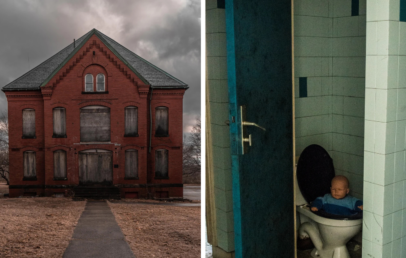 Left side: A large, abandoned red brick building with boarded windows under a cloudy sky. Right side: A doll partially submerged inside a toilet in a dim, tiled bathroom.