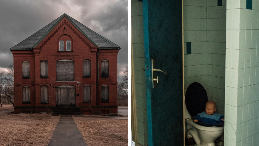 Left side: A large, abandoned red brick building with boarded windows under a cloudy sky. Right side: A doll partially submerged inside a toilet in a dim, tiled bathroom.