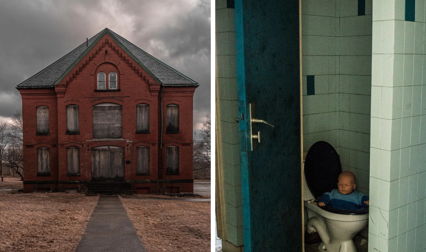 Left side: A large, abandoned red brick building with boarded windows under a cloudy sky. Right side: A doll partially submerged inside a toilet in a dim, tiled bathroom.