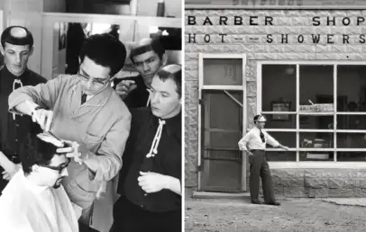 Left: A barber and assistant giving a man a unique circular haircut with a shaved crown, in a vintage barbershop setting. Right: A man with a similar haircut stands outside a stone building labeled "BARBER SHOP HOT - SHOWERS.