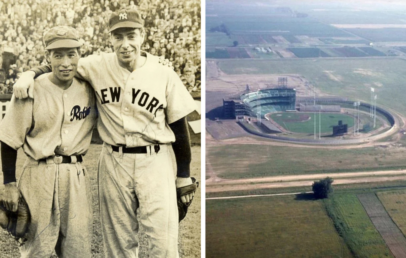 Left side: Two baseball players in vintage uniforms, one in "Phillies" and the other in "New York," smiling with arms around each other. Right side: Aerial view of an empty, rural baseball stadium surrounded by fields.