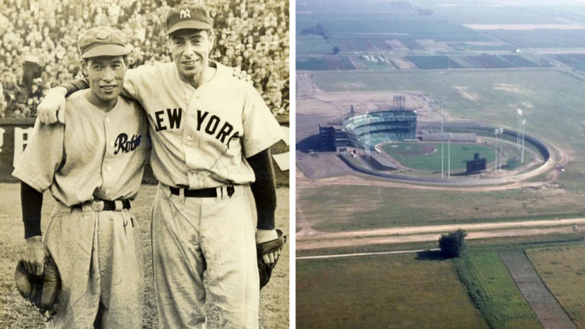 Left side: Two baseball players in vintage uniforms, one in "Phillies" and the other in "New York," smiling with arms around each other. Right side: Aerial view of an empty, rural baseball stadium surrounded by fields.