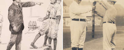 Illustration of a baseball player in uniform arguing with an umpire who is pointing, and a vintage photo showing two baseball players exchanging a trophy on a field.