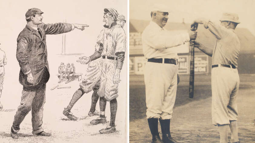 Illustration of a baseball player in uniform arguing with an umpire who is pointing, and a vintage photo showing two baseball players exchanging a trophy on a field.