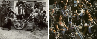 Left: Black-and-white photo of a group of bikers posing with motorcycles outside Helen's Bar-B-Que. Right: Color photo of a different biker group sitting on motorcycles in an urban setting. Both groups wear casual clothing and appear relaxed.