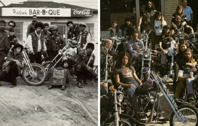 Left: Black-and-white photo of a group of bikers posing with motorcycles outside Helen's Bar-B-Que. Right: Color photo of a different biker group sitting on motorcycles in an urban setting. Both groups wear casual clothing and appear relaxed.