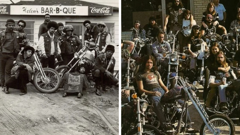 Left: Black-and-white photo of a group of bikers posing with motorcycles outside Helen's Bar-B-Que. Right: Color photo of a different biker group sitting on motorcycles in an urban setting. Both groups wear casual clothing and appear relaxed.