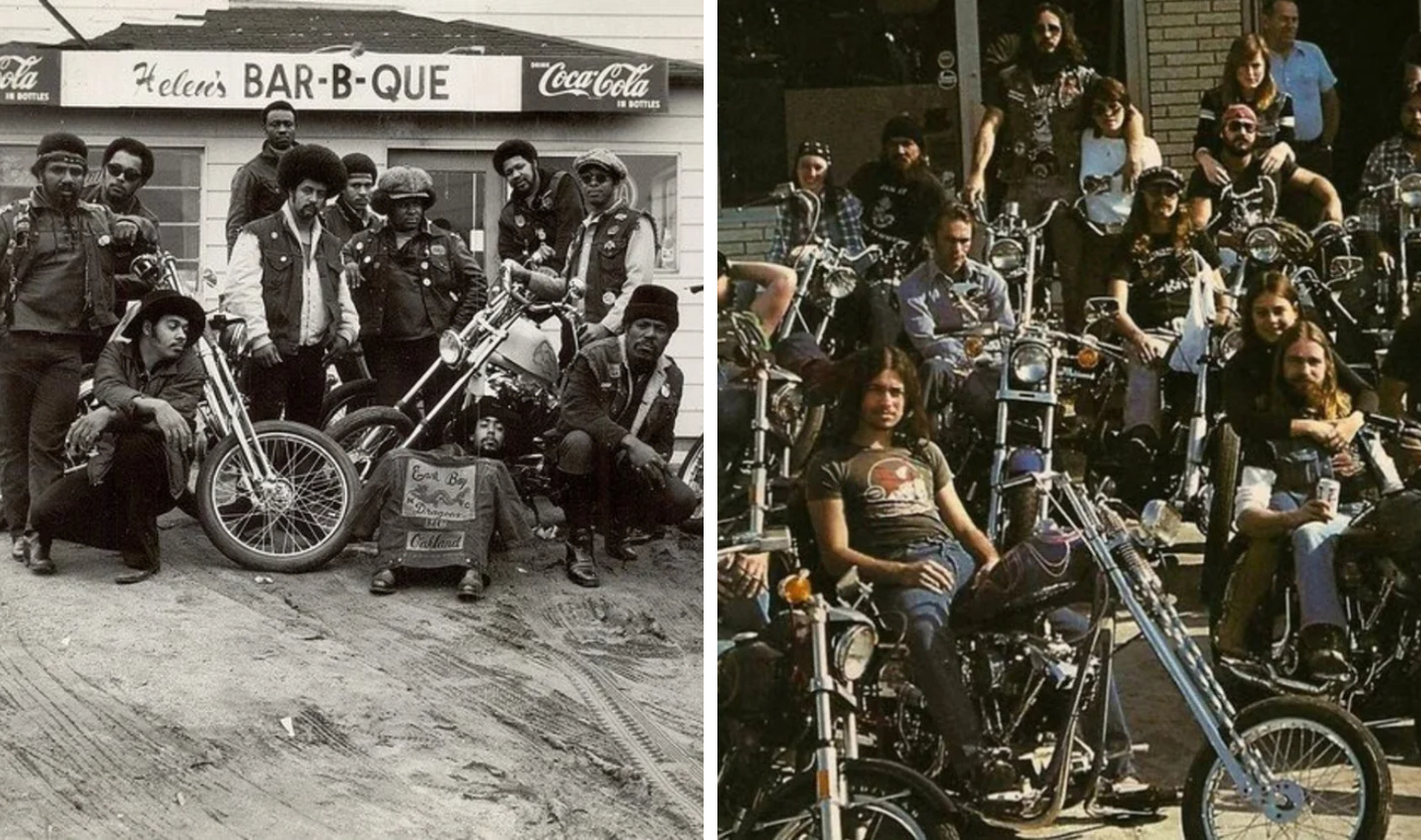 Left: Black-and-white photo of a group of bikers posing with motorcycles outside Helen's Bar-B-Que. Right: Color photo of a different biker group sitting on motorcycles in an urban setting. Both groups wear casual clothing and appear relaxed.