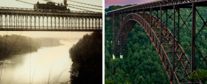 Left: An old sepia-toned image of a train crossing a historic bridge over a river. Right: A modern color image of a large arched steel bridge spanning a lush green valley at sunset.