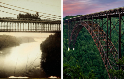 Left: An old sepia-toned image of a train crossing a historic bridge over a river. Right: A modern color image of a large arched steel bridge spanning a lush green valley at sunset.