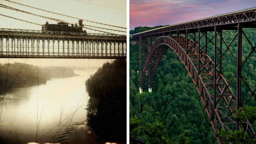 Left: An old sepia-toned image of a train crossing a historic bridge over a river. Right: A modern color image of a large arched steel bridge spanning a lush green valley at sunset.