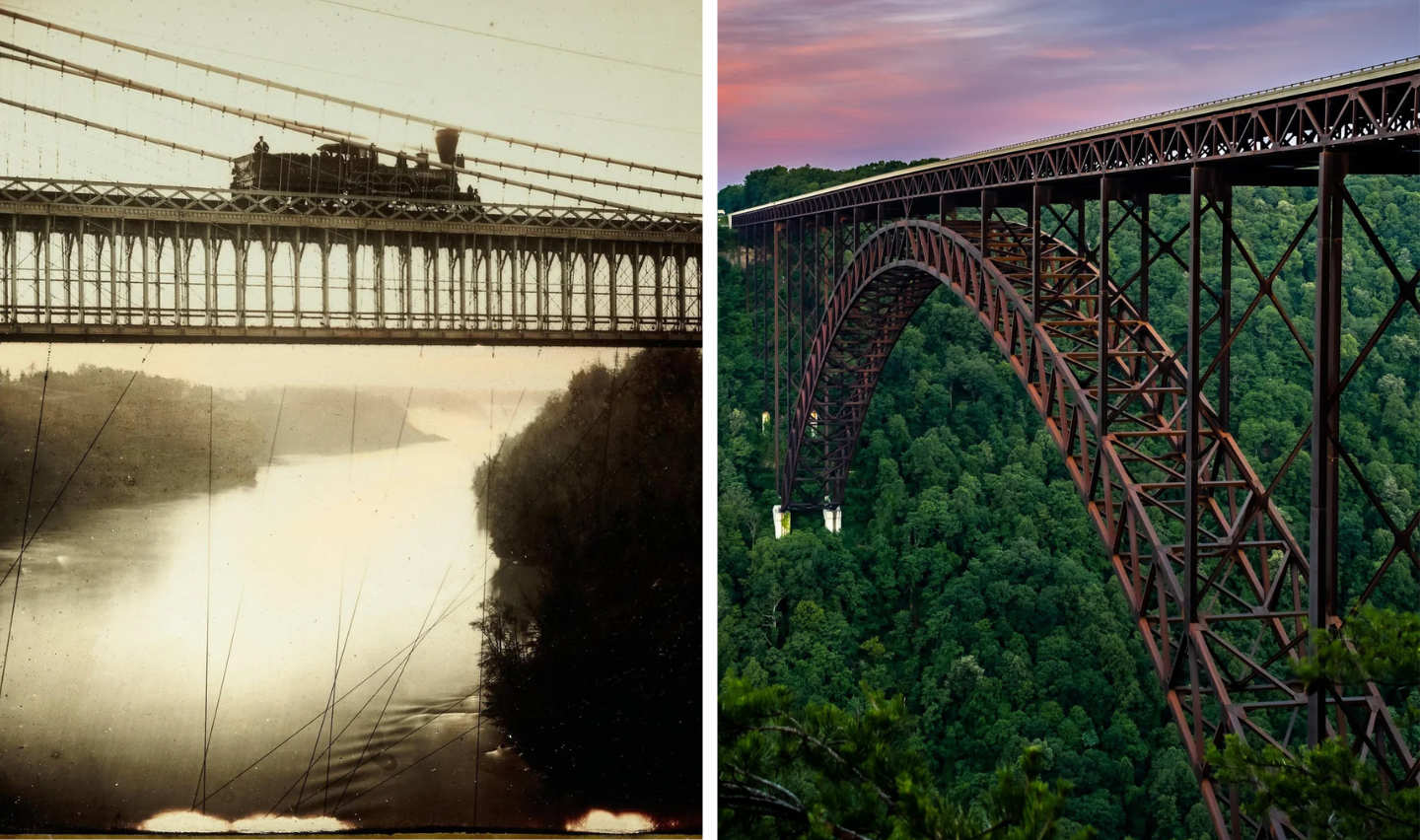 Left: An old sepia-toned image of a train crossing a historic bridge over a river. Right: A modern color image of a large arched steel bridge spanning a lush green valley at sunset.