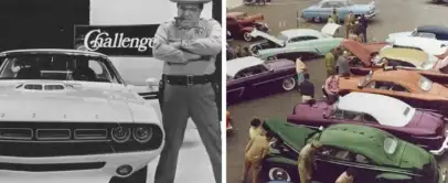 Left image: A man in a uniform stands with arms crossed next to a white car labeled "Challenger." Right image: A parking lot filled with people and vintage cars in various colors.