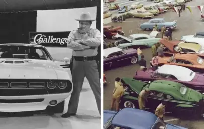 Left image: A man in a uniform stands with arms crossed next to a white car labeled "Challenger." Right image: A parking lot filled with people and vintage cars in various colors.