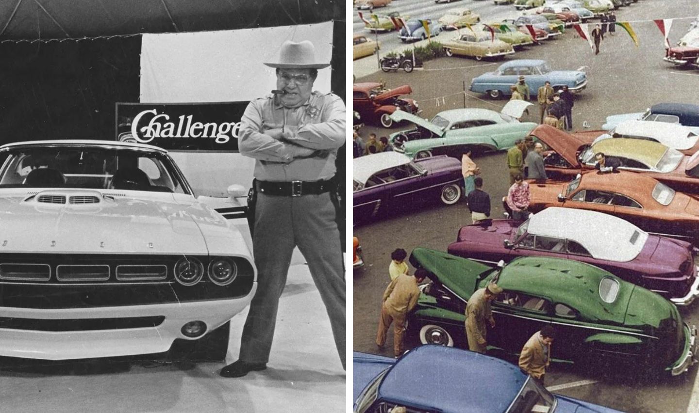 Left image: A man in a uniform stands with arms crossed next to a white car labeled "Challenger." Right image: A parking lot filled with people and vintage cars in various colors.