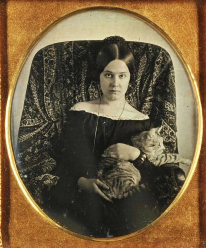 A woman in 19th-century attire sits in an ornate chair, holding a tabby cat. The image has a vintage, sepia tone with an oval frame, suggesting an old photograph or daguerreotype. The background features a patterned fabric.