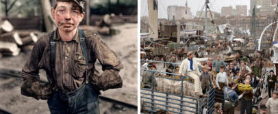 Left image: A young coal miner with a dirty face and helmet stands outdoors, wearing overalls. Right image: A busy vintage harbor scene with people in period clothing bustling around ships and cargo.