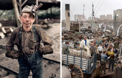 Left image: A young coal miner with a dirty face and helmet stands outdoors, wearing overalls. Right image: A busy vintage harbor scene with people in period clothing bustling around ships and cargo.