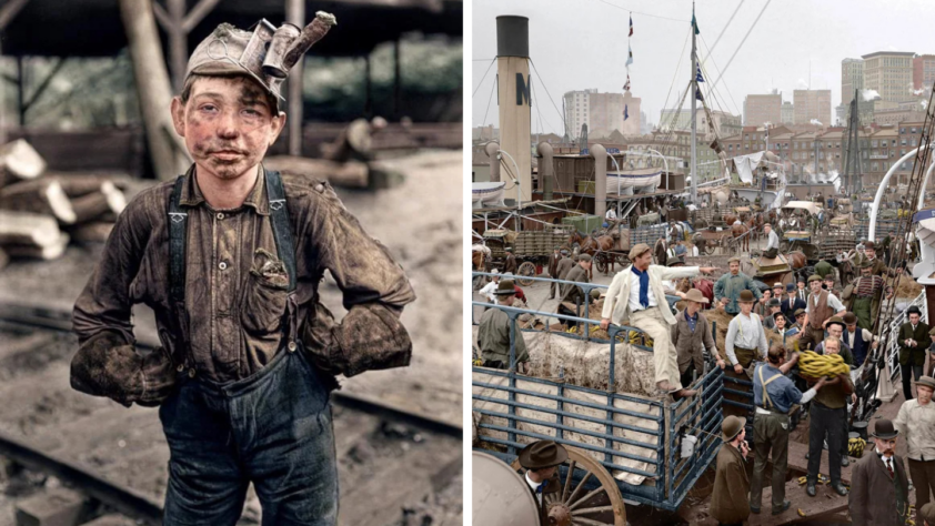 Left image: A young coal miner with a dirty face and helmet stands outdoors, wearing overalls. Right image: A busy vintage harbor scene with people in period clothing bustling around ships and cargo.