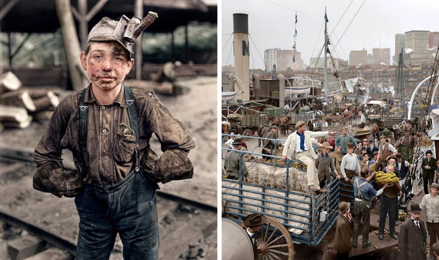 Left image: A young coal miner with a dirty face and helmet stands outdoors, wearing overalls. Right image: A busy vintage harbor scene with people in period clothing bustling around ships and cargo.