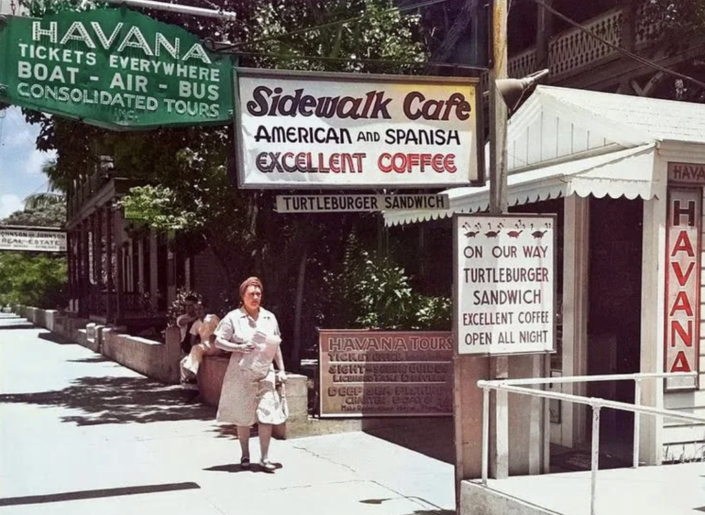 A woman in a floral dress walks on a sidewalk past a sign advertising Sidewalk Cafe with American and Spanish coffee. Other signs mention Havana Tours and Turtleburger Sandwich. Trees line the street.