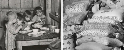 Left side: Three young children stand by a wooden table, eating from bowls in a rustic setting. Right side: A man sits amidst large stacks of printed sacks filled with flour or grain, smiling.