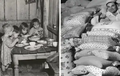 Photos of the Great Depression - Left side: Three young children stand by a wooden table, eating from bowls in a rustic setting. Right side: A man sits amidst large stacks of printed sacks filled with flour or grain, smiling.