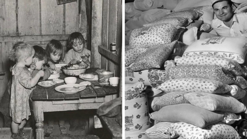 Left side: Three young children stand by a wooden table, eating from bowls in a rustic setting. Right side: A man sits amidst large stacks of printed sacks filled with flour or grain, smiling.